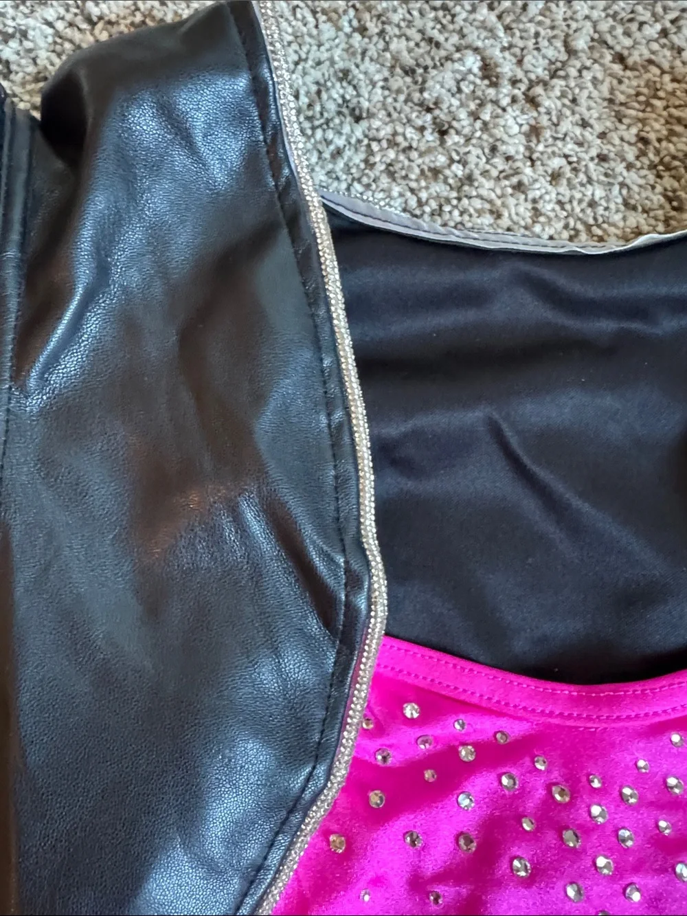 Weissman Black pleather and Hot Pink Dance Costume with puff sleeves style 17581
